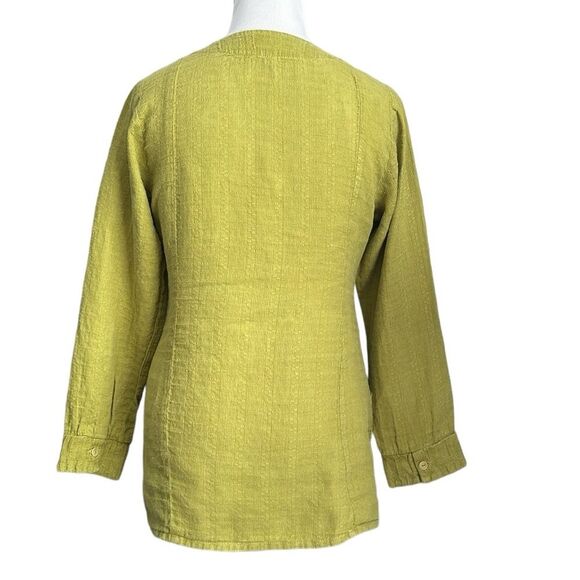 FLAX 100% LINEN “ I Am Happy” Embroidered Long Sleeve Top Lime Green Size S - Picture 2 of 9